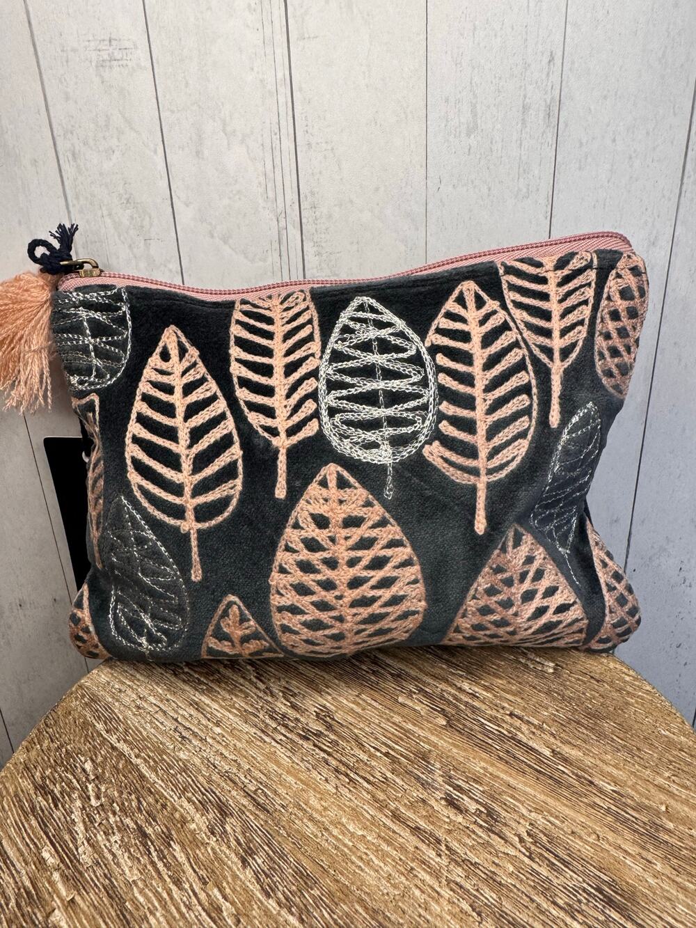 Pink Gray Velvet Pouch Leaves Large Makeup Bag 8 x 6 inches NEW FAST SHIP
